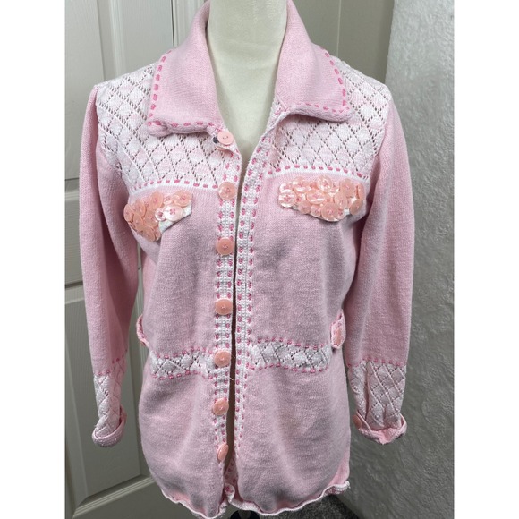 Storybook Knits Embellished Cardigan Sweater Pink Button‎ Up S Granny Easter - Picture 1 of 5